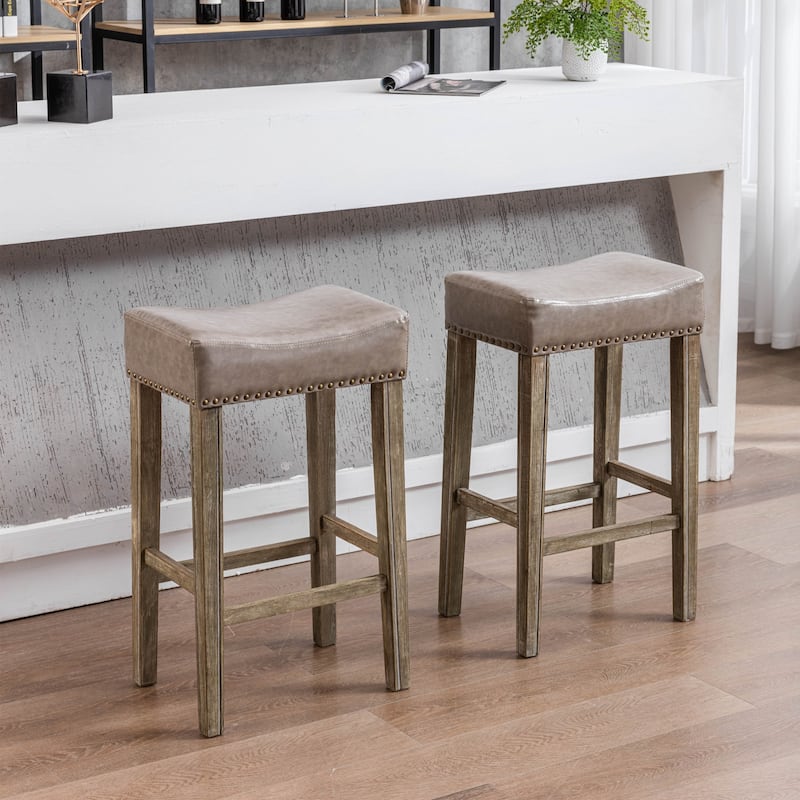 29" Wood Bar Stools 2pc Backless PU Leather Nailhead Dining Stools